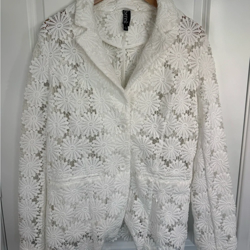 berek White Daisy Lace Blazer Floral Textured Button Front Large - Picture 2 of 13